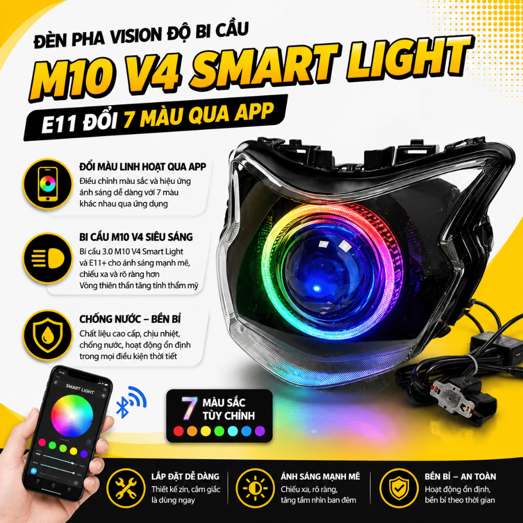 Đèn pha Vision độ bi cầu M10 V4 Smart Light và E11 đổi 7 màu qua app bảo hành 12 tháng
