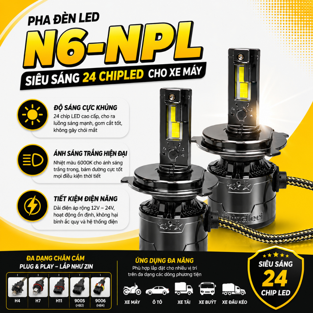 Pha đèn led N6-NPL siêu sáng 24 chipled cho xe máy đủ các loại chân bảo hành 12 tháng