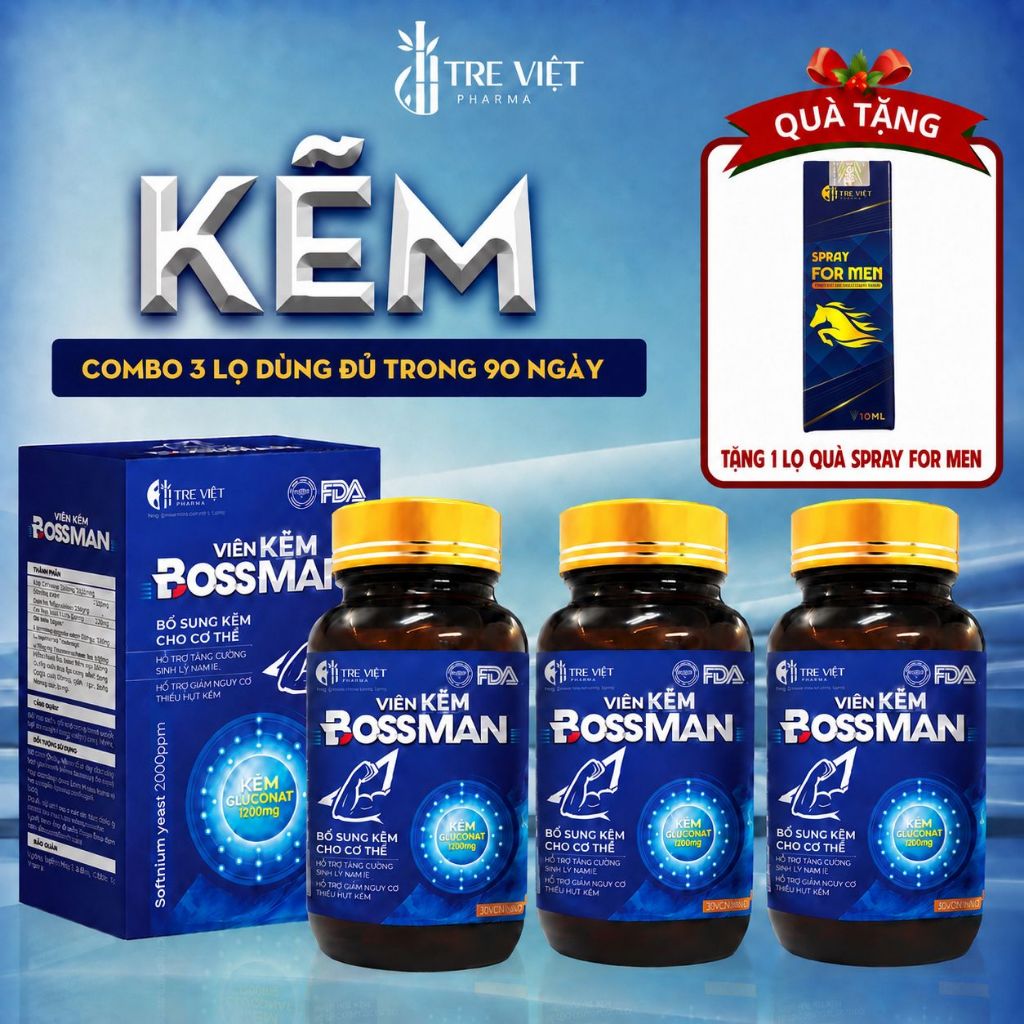 Kẽm BOSS MAN bổ sung khoáng kẽm cho cơ thể, hỗ trợ tăng cường sức khỏe đề kháng lọ 30 viên