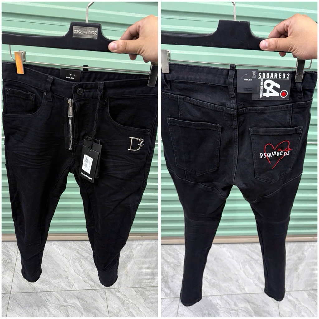 Quần Jean Đen Trơn Mã D2-3100 Bản Biker Khoá Lệch Logo D2 Kim Loại Túi Thêu Trái Tim Ống Côn