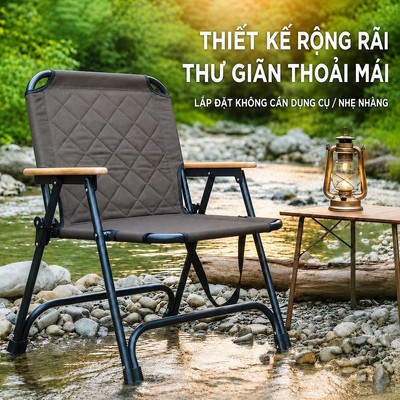 Ghế Dã Ngoại Gấp Gọn 300KG, Thép Carbon Đệm Oxford 600D 2 Lớp Tay Gỗ Ghế Cắm Trại Câu Cá Picnic Du Lịch