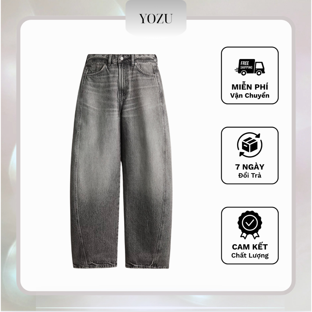 Quần Jean Nữ Barrel-Leg Cạp Cao YOZU – Wash Xám Khói Vintage