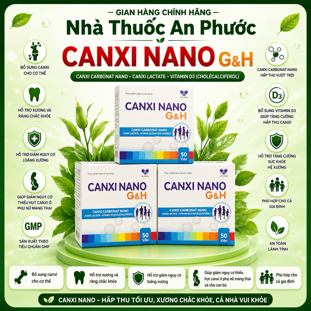 Canxi Nano G&H Bổ Sung Calci, Vtamin D3 K2 Giúp Xương Răng Chắc Khỏe Hộp 5 Vỉ x 10 Viên