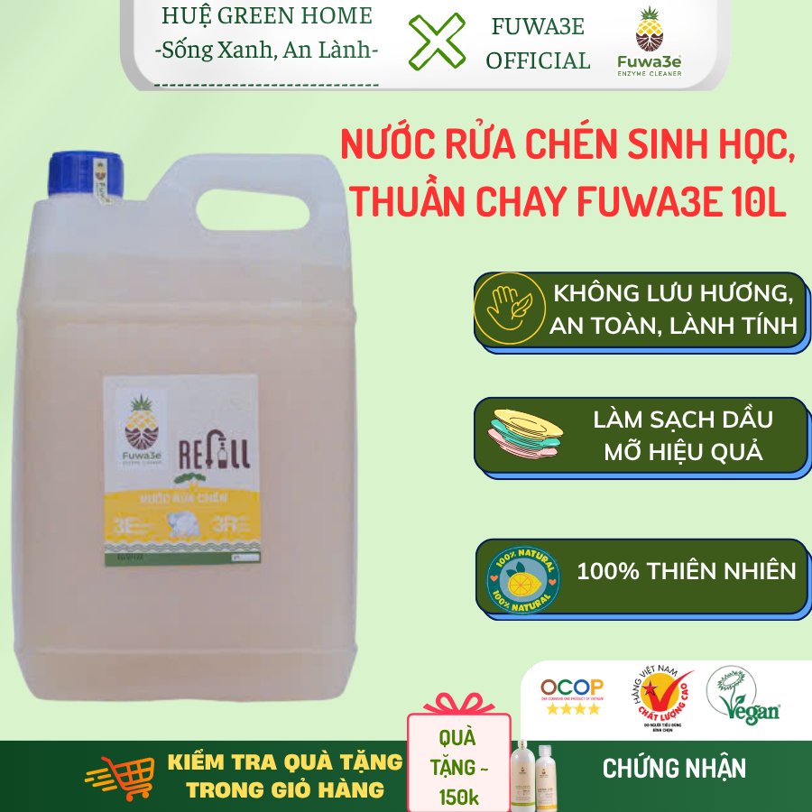 Fuwa3e Refill Can 10L-Nước rửa chén Fuwa3E - Enzyme Sinh Học lên men từ dứa an toàn cho da nhạy cảm