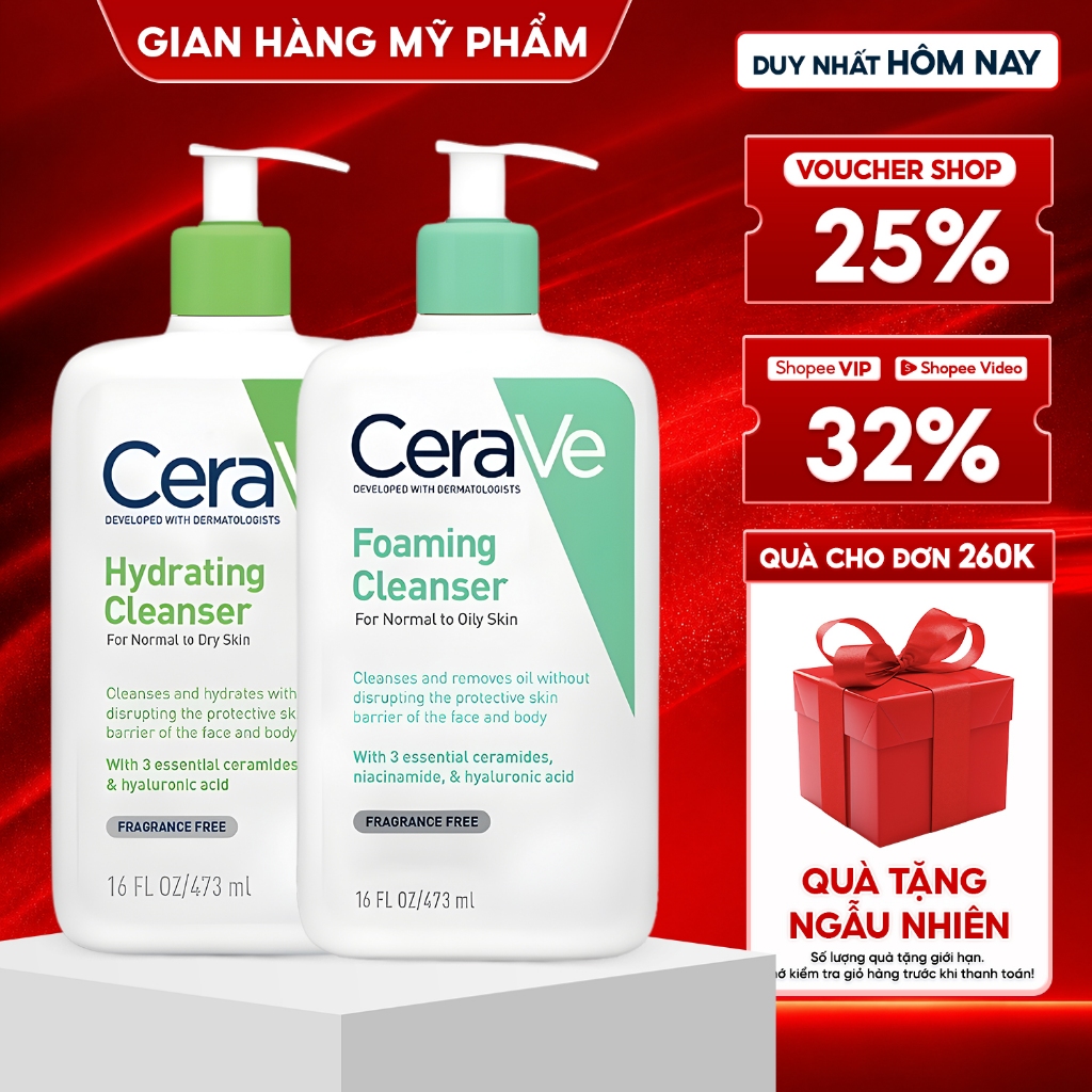Sữa rửa mặt Cerave 236ml/473ml dưỡng ẩm sữa rửa mặt cho da dầu mụn ,da khô, da nhạy cảm làm sạch sâu, dịu nhẹ cho da