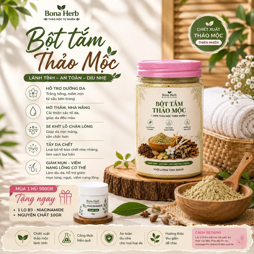 [tặng 10gr B3 - Niacinamide ] BỘT TẮM THẢO MỘC BONA HERB 500gr (bột tắm trắng thảo mộc, dưỡng trắng 