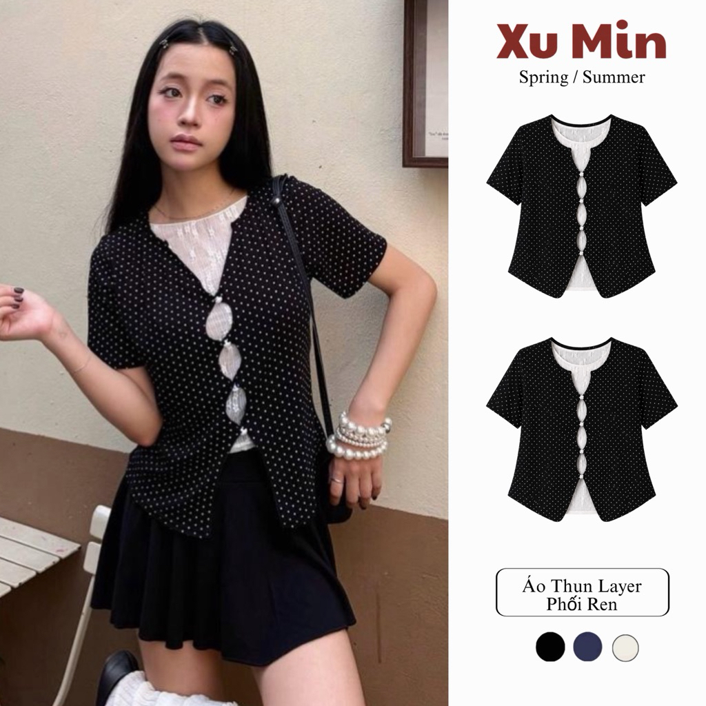 Áo Thun Xu Min Áo Layer Phối Ren Mùa Xuân Hè Thiết Kế Độc Đáo Phong Cách Thời Trang ( Layer Chấm Bi 