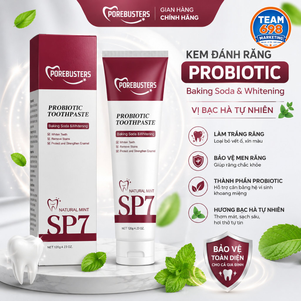 Kem đánh răng SP7 có 7 loại Probiotic, Banking Soda làm trắng răng bảo vệ nướu cho hơi thở thơm mát