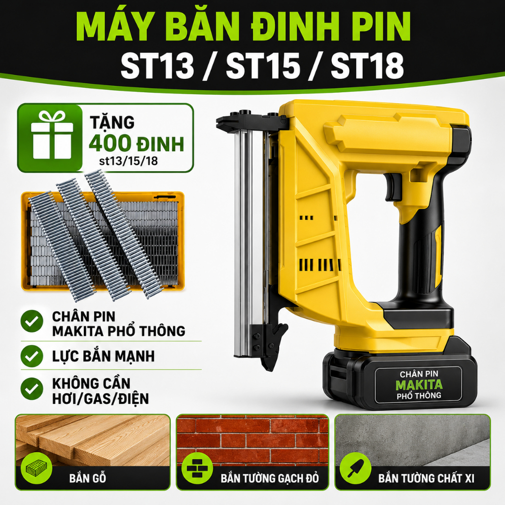 Máy Bắn Đinh Pin ST13/15/18 – Băn Nẹp Điện, Tường Gạch, Gỗ – Tặng 400 đinh - Bảo hành 6 tháng