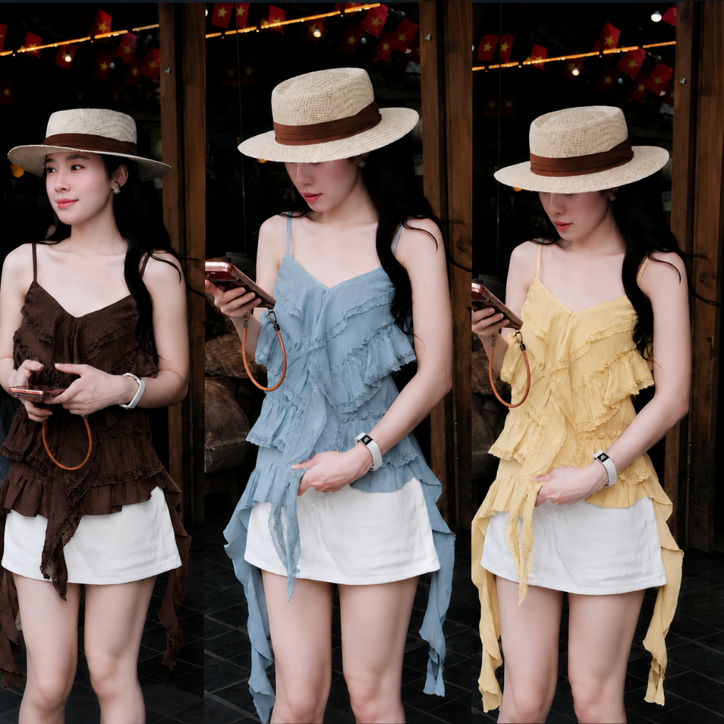 8. AK216 - ÁO 2 DÂY VOAN TUA RUA BÈO NHÚN PHONG CÁCH HÀN QUỐC SIÊU XINH, Áo Kiểu Xinh Style Hàn Quốc Chất Voan Tơ Mềm