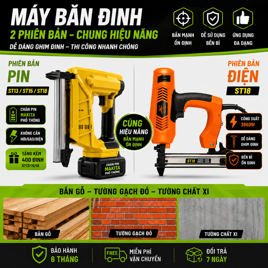 Máy Bắn Đinh ST13/15/18 Bản Điện&Pin Chuyên Dụng Cho Bắn Nẹp Điện - Tặng 400 đinh - Bảo hành 6th
