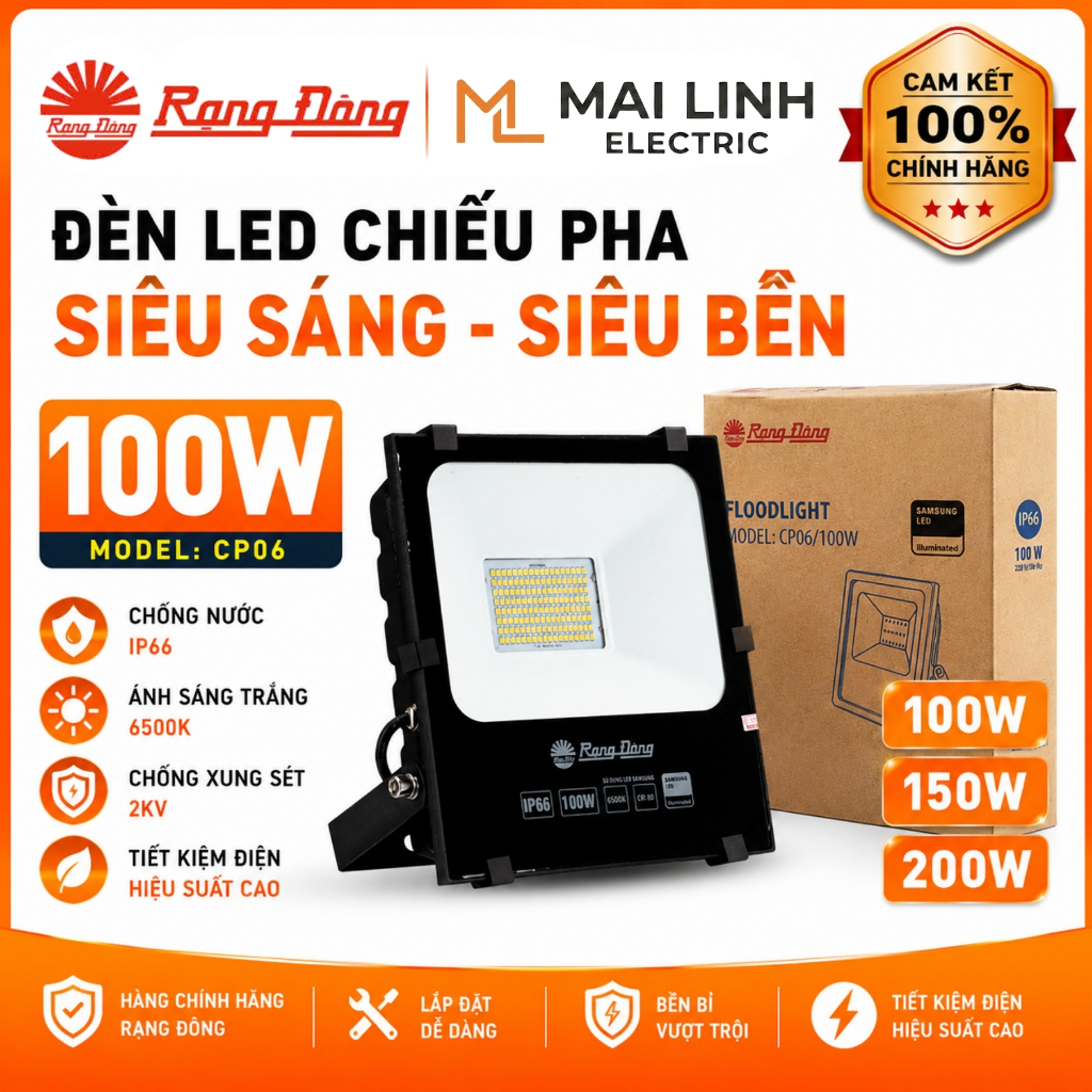 [Chính Hãng] Đèn Led chiếu pha công suất 100W-150W-200W Rạng Đông -Chống nước, siêu sáng, tiết kiệm 
