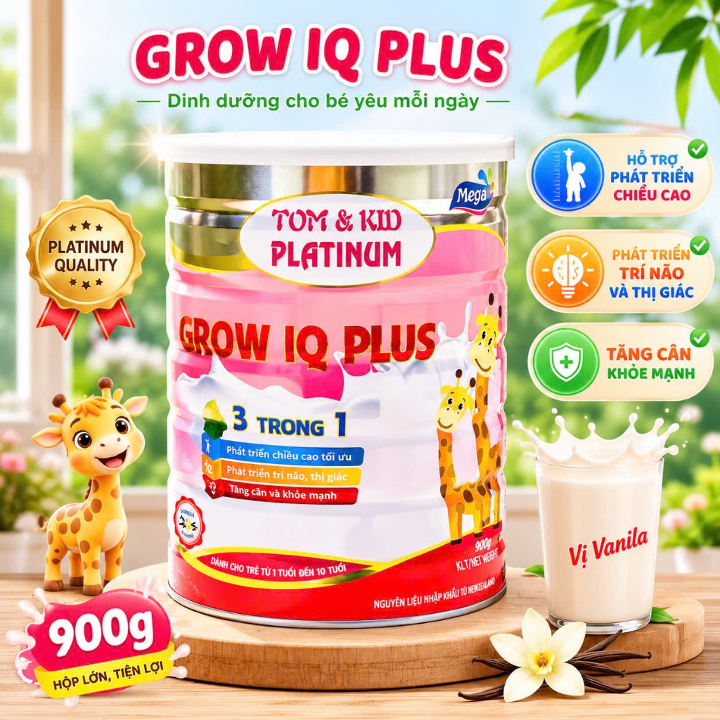 Sữa Bột Tom & Kid Platinum Grow IQ Plus 900g Hương Vani – Dinh Dưỡng Cho Trẻ Từ 1 Đến 10 Tuổi