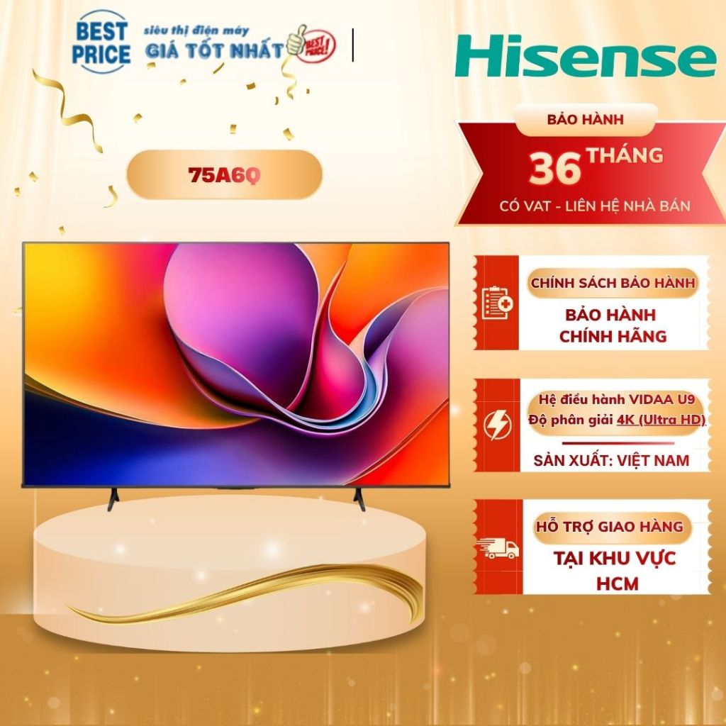 75A6Q Smart Tivi Hisense 4K 75 inch model 2025, giọng nói Tiếng Việt qua app Vidaa 75A6Q