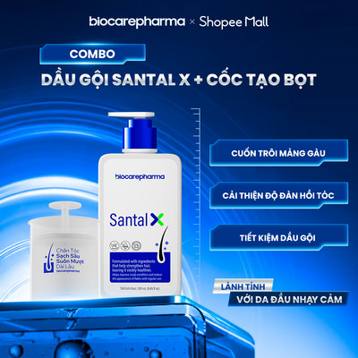 Combo dầu gội sạch gàu Santal X và cốc tạo bọt Biocarepharma.