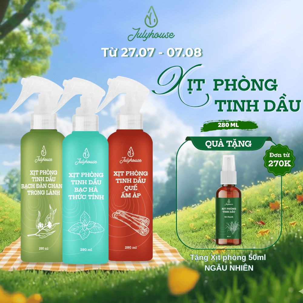 Xịt phòng thư giãn Julyhouse 280ml tinh dầu Sả Chanh, Bạc Hà, Bạch Đàn Chanh, Quế, Oải Hương thơm ph