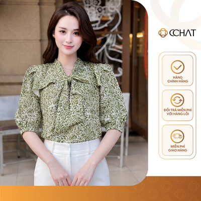 Áo Sơ Mi Nữ 𝐂𝐂𝐇𝐀𝐓 Dáng Suông Kiểu Riva Thắt Nơ Cổ Chất Liệu Tơ Mềm Mát 16FDV5144ST