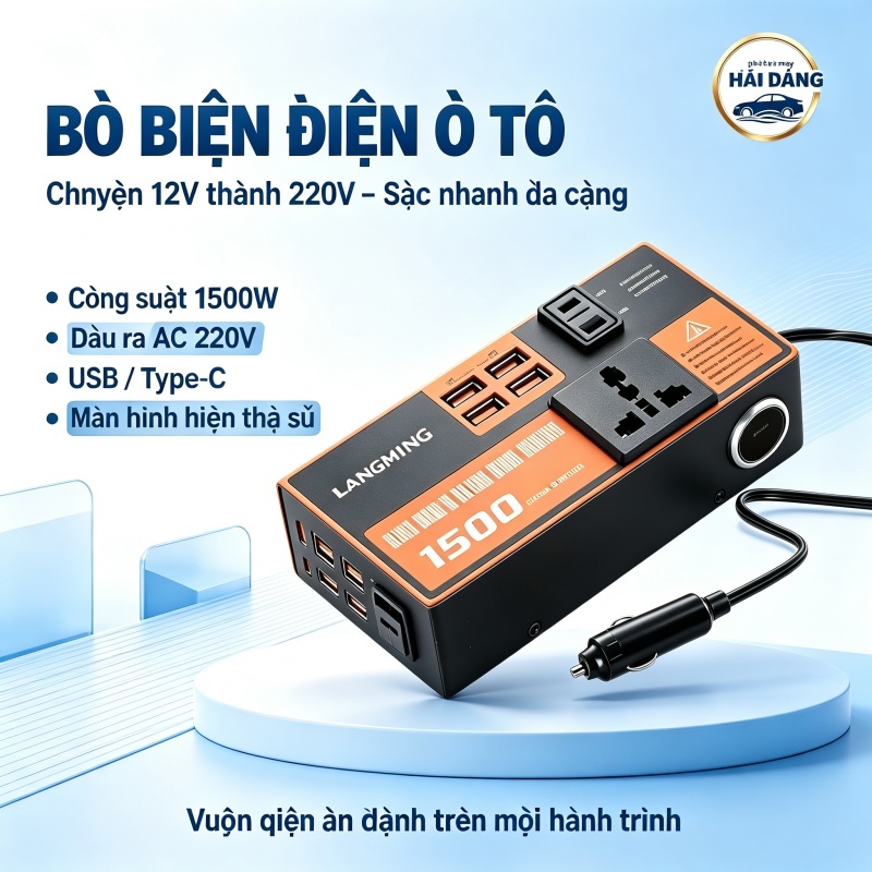 Kích điện 12v bộ biến tần 12V lên 220V LOẠI TỐT đủ công suất 1500W Có cống USB sạc điện thoại bo