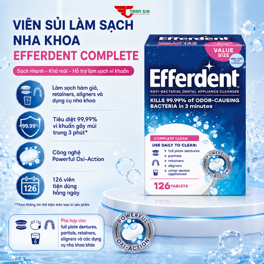 Viên Sủi Làm Sạch Khay Niềng Invisalign, Hàm Duy Trì, Răng Giả Efferdent Complete Clean Giảm Mùi Hôi