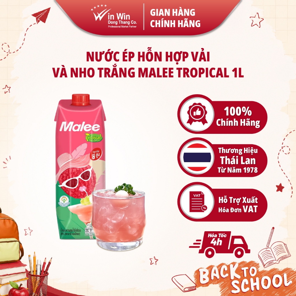 Nước Ép Hỗn Hợp Vải Và Nho Trắng Malee Tropical 1L - NK Thái Lan | 20% White Grape Juice Mixed Lyche