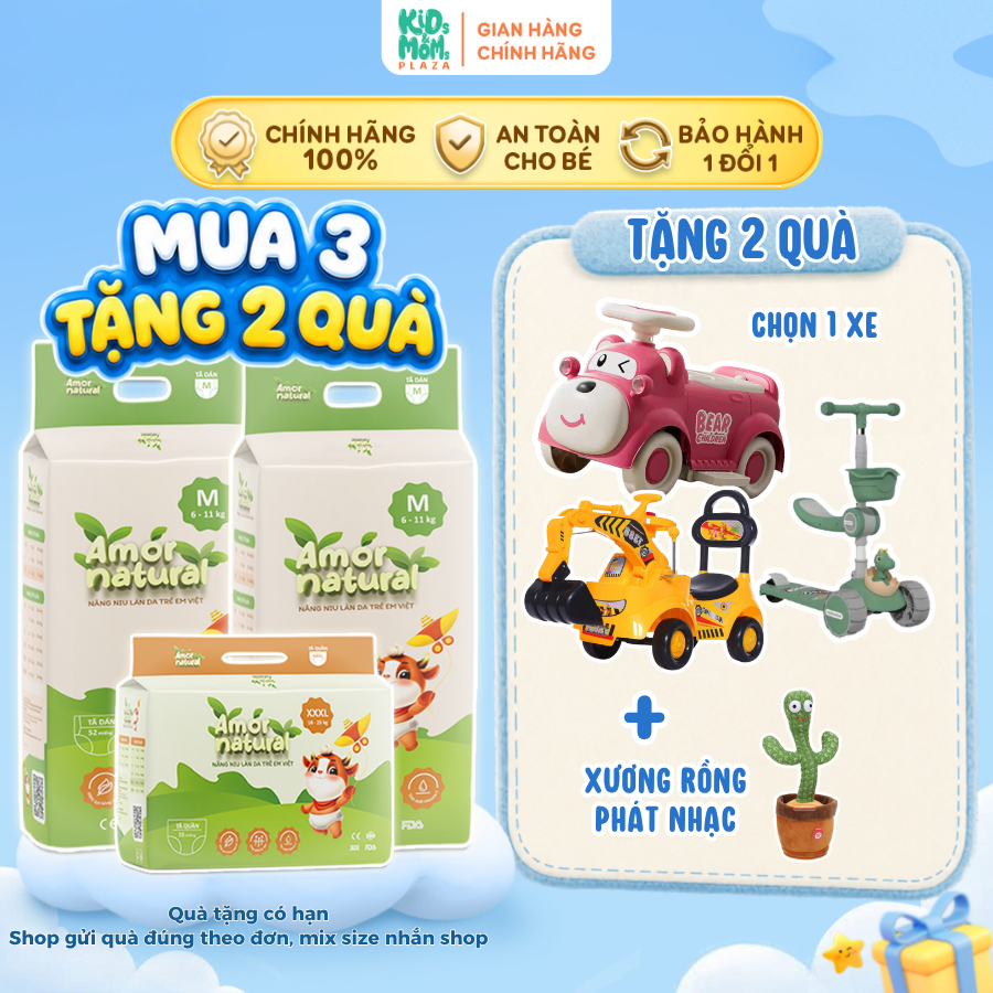(3A) [COMBO SIÊU XE] COMBO 3 bịch tã/bỉm Amor Natural Việt thấm nhanh, thoáng mát đủ size NB/S/M/L/X