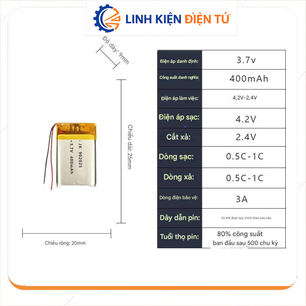 [Linh Kiện Điện Tử] Pin Sạc 902025 3.7v 400mAh Có Mạch Bảo Vệ