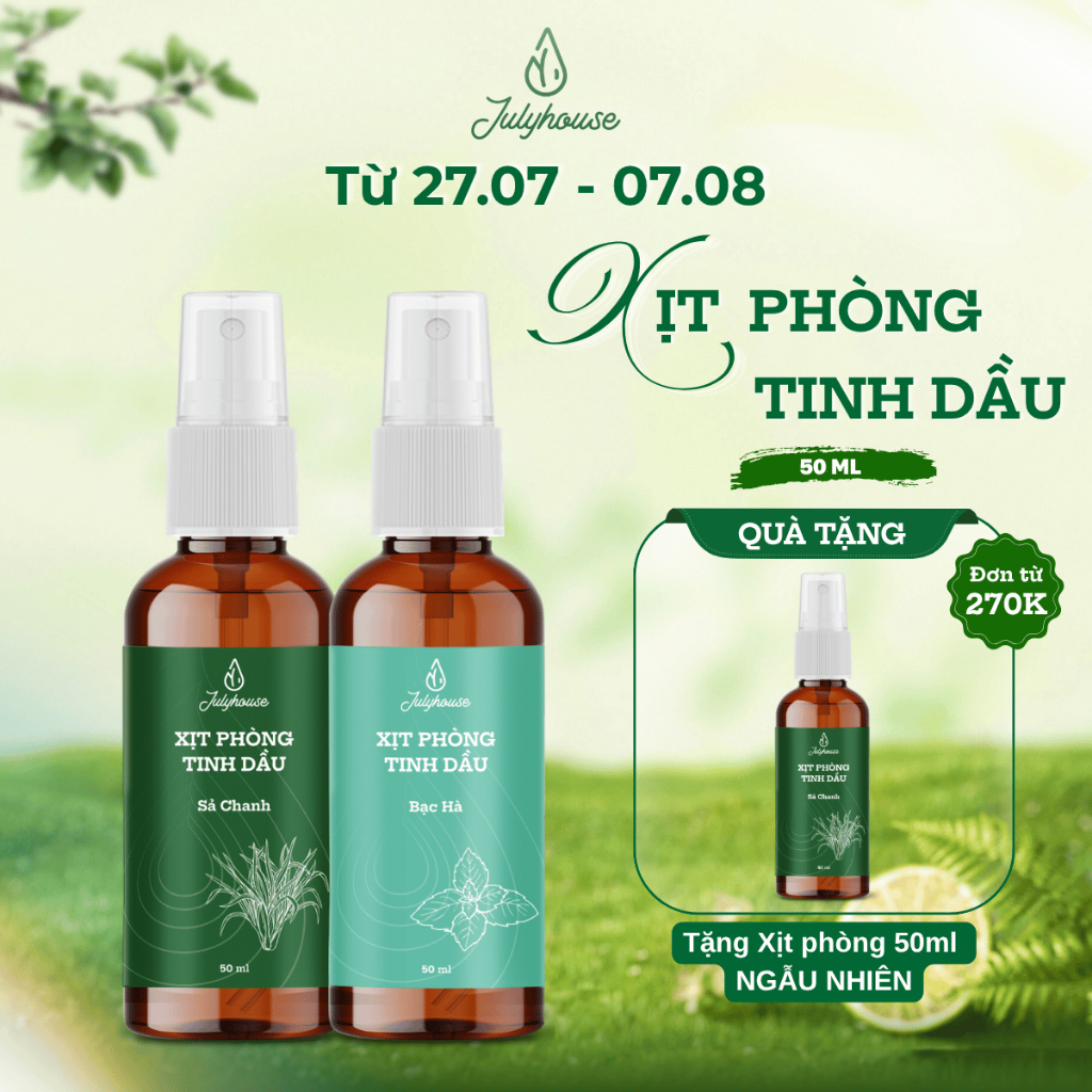 Xịt phòng tinh dầu sả chanh, bạc hà, quế JULYHOUSE 50ml khử mùi nhiều không gian