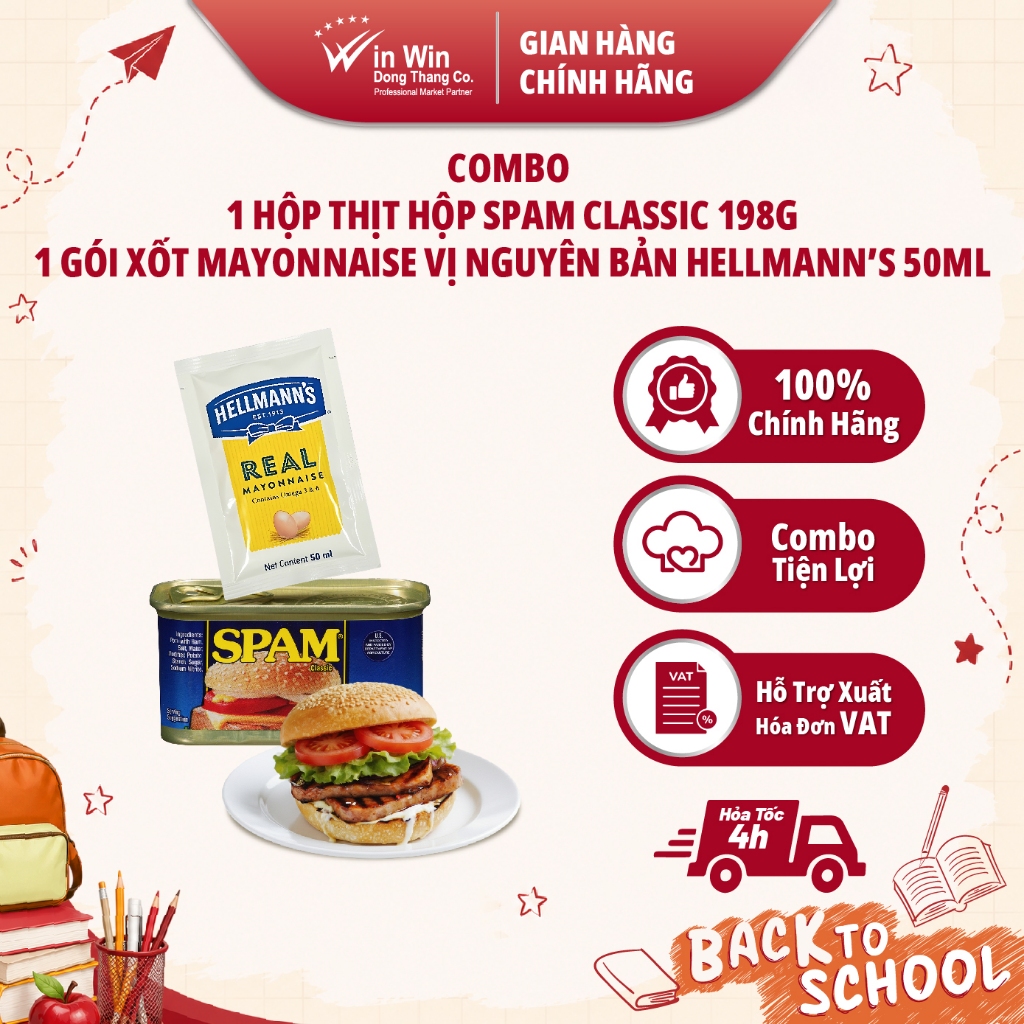 COMBO 1 Hộp Thịt Hộp SPAM Classic 198g + 1 Gói Xốt Mayonnaise Vị Nguyên Bản Hellmann’s 50ml