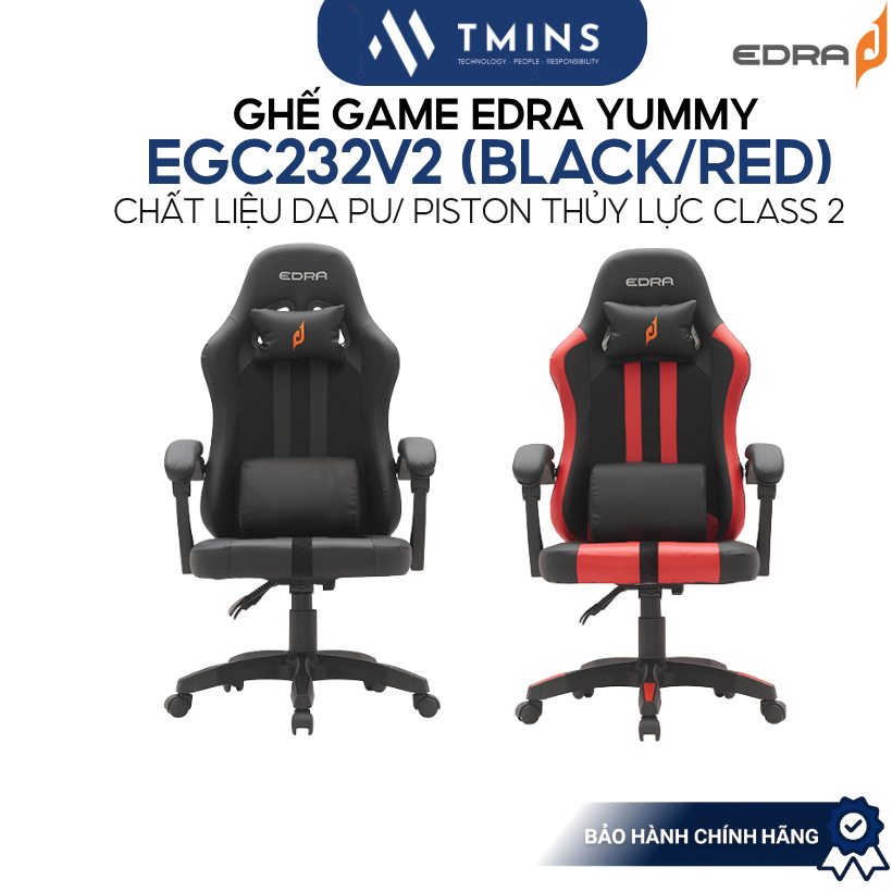 Ghế game EDRA YUMMY EGC232v2 (Black/RED) - Chất liệu Da PU/ Piston thủy lực Class 2 - Hàng chính hãn