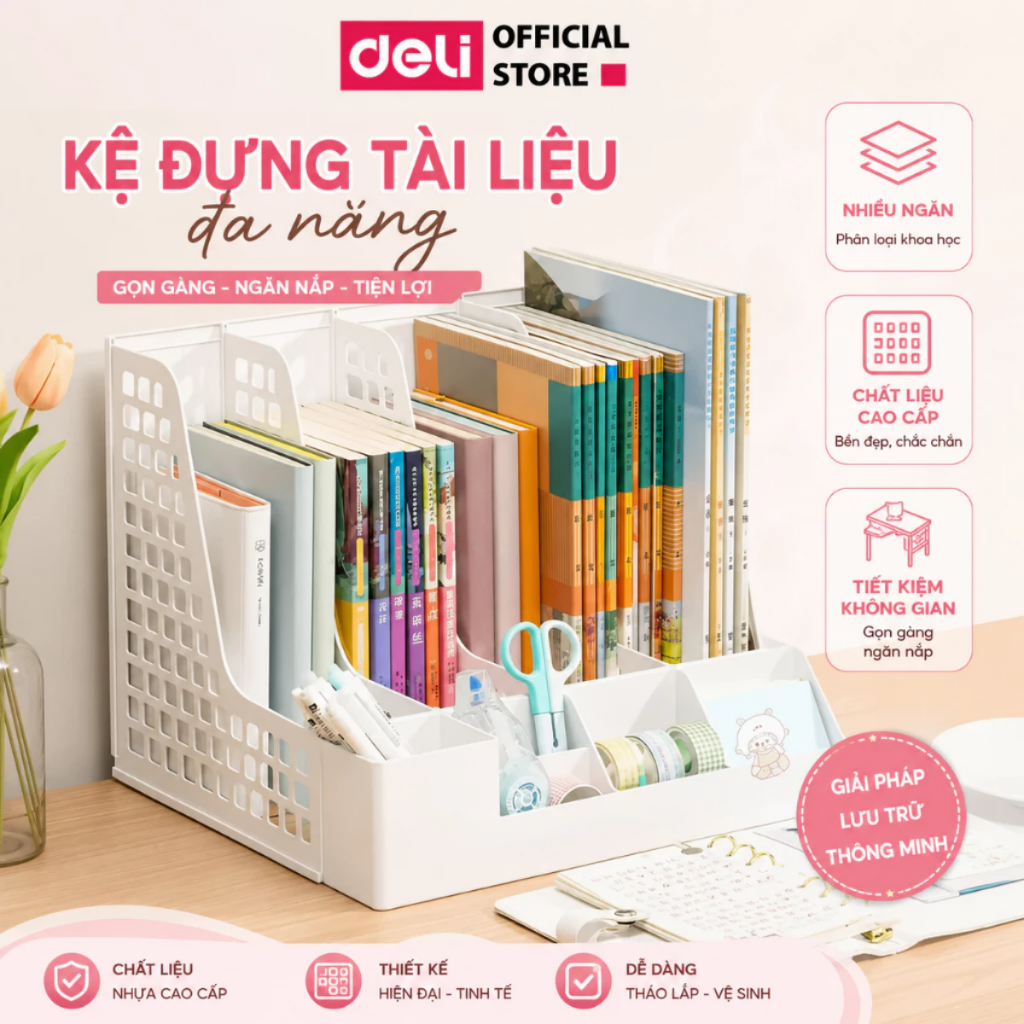 Giá Kệ Đựng Tài Liệu Văn Phòng Deli 3/4 Ngăn Kèm Khay Đựng Bút Đựng Sách Vở Để Bàn