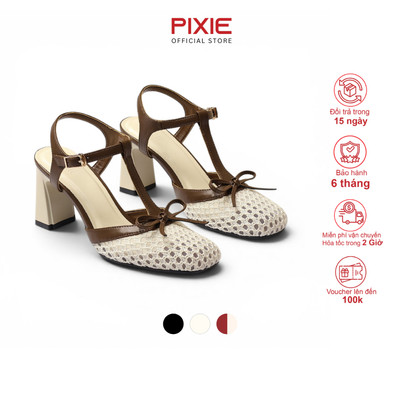 Giày Sandal Cao Gót Nữ 7cm Mũi Vuông Vải Lưới Phối Nơ Thời Trang Pixie H463