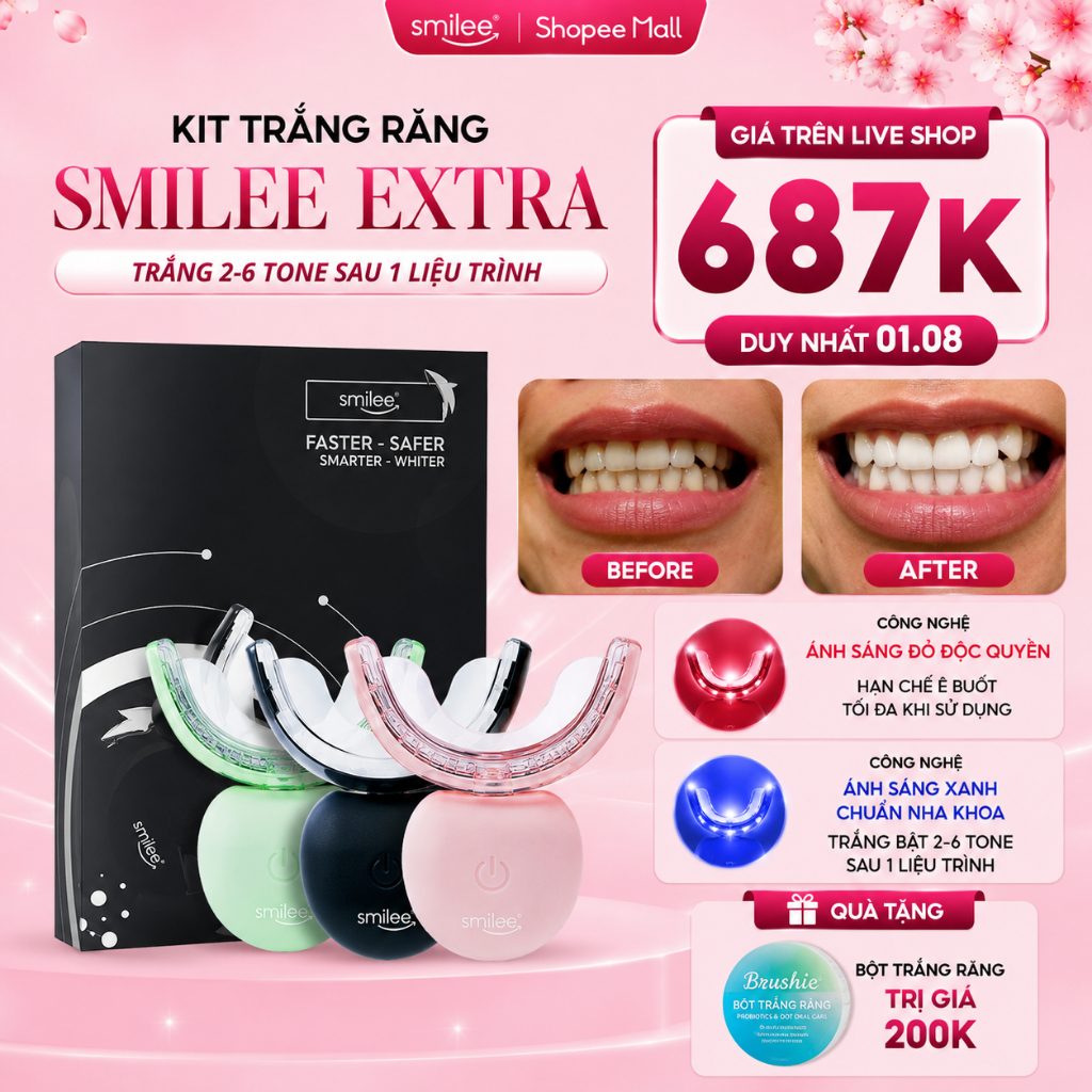 [GIÁ 615K TẠI LIVE SHOP] Trắng răng Smilee Extra, bộ kit làm trắng răng từ 2-6 tone tại nhà, bộ quà 