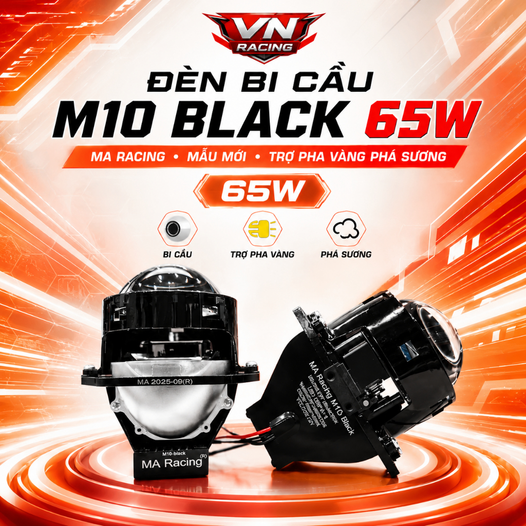 Đèn Bi Cầu M10 Black 65W MA RACING Mẫu Mới Trợ Pha Vàng Phá Sương Siêu Sáng Gắn Xe Máy Chính Hãng
