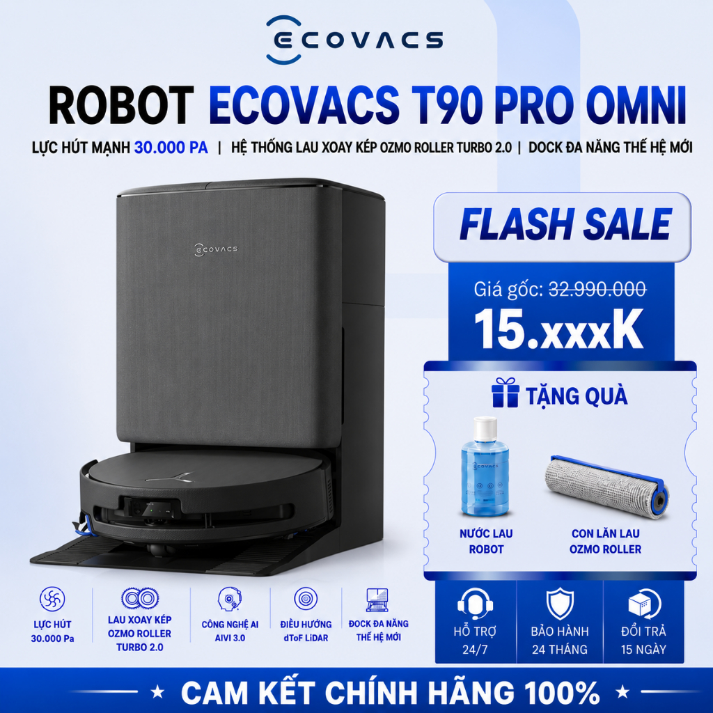 [Bảo Hành 24T] Ecovacs Deebot T90 Pro Omni 30.000 Pa, Robot Hút Bụi Lau Nhà – Chính Hãng