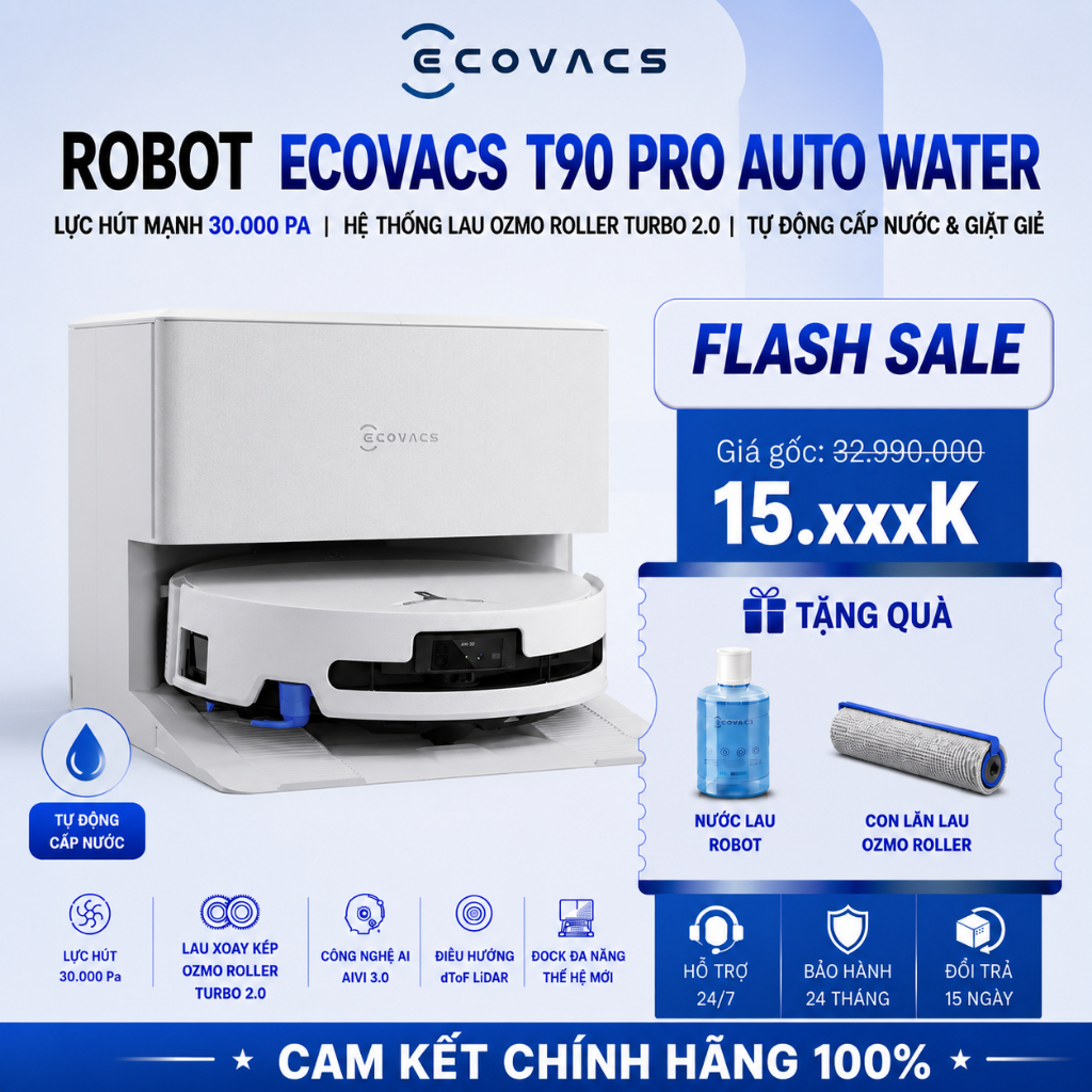[Bảo Hành 24T] Ecovacs Deebot T90 Pro Omni AutoWater 30.000 Pa, Robot Hút Bụi Lau Nhà – Chính Hãng