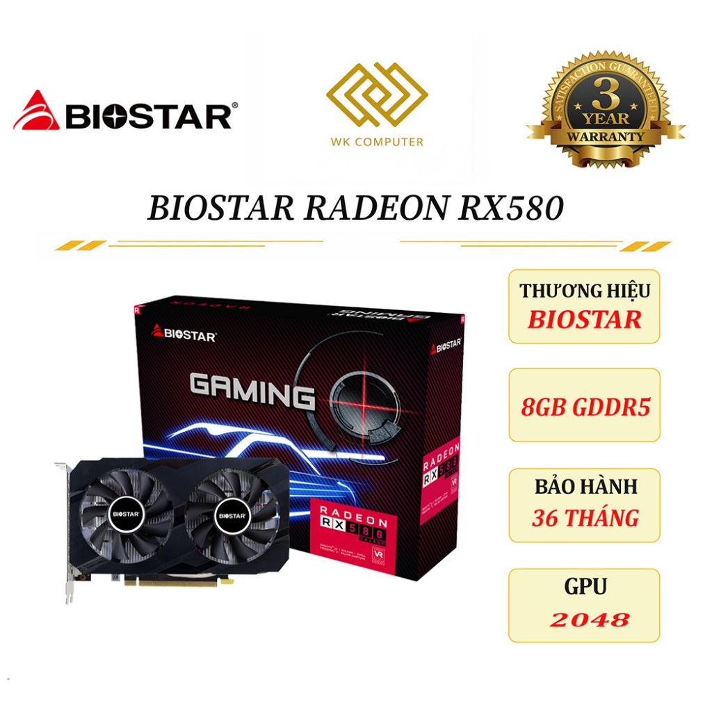 (Full Vat) Card Màn Hình VGA Biostar Radeon RX 580 2048SP 8GB GDDR5 || Mới - Bảo hành 36 tháng