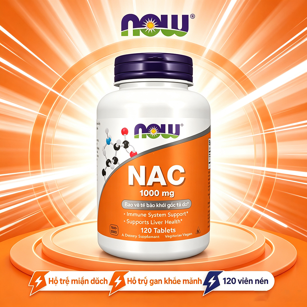 N-Acetyl Cysteine NAC 1000mg Now 120 viên tiền chất glutathione, hỗ trợ giải độc cơ thể
