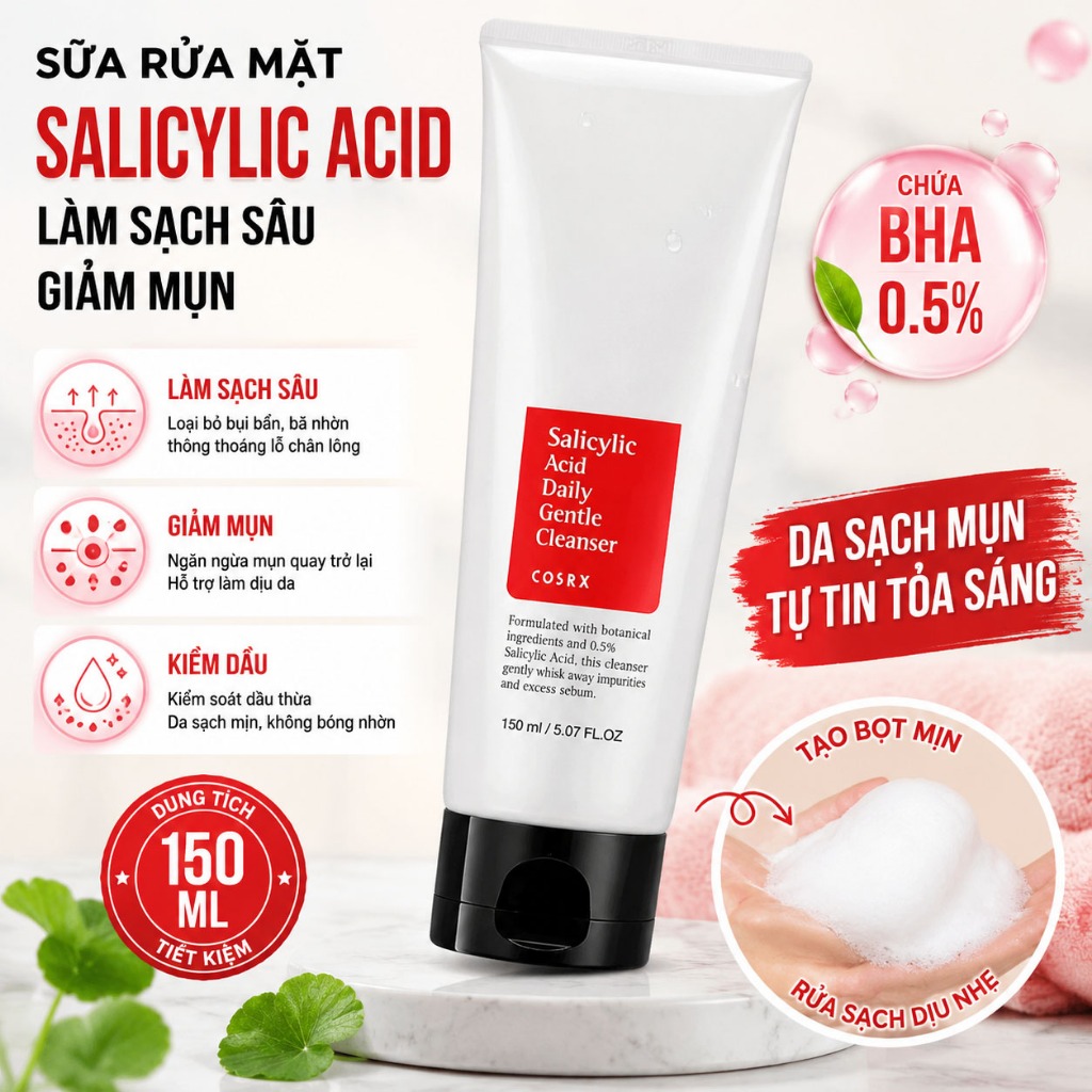 COSRX Sữa Rửa Mặt BHA 0.5% Salicylic Acid, Làm Sạch Mụn Đầu Đen, Kiểm Soát Dầu, Da Mụn