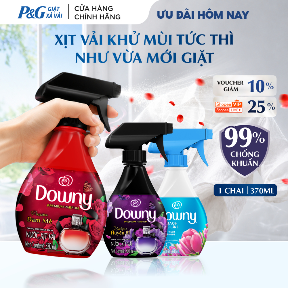 Xịt Vải DOWNY Khử Mùi Và Chống Khuẩn 99.9% Hương Nắng Mai/ Huyền Bí/ Đam Mê Chai 370ml