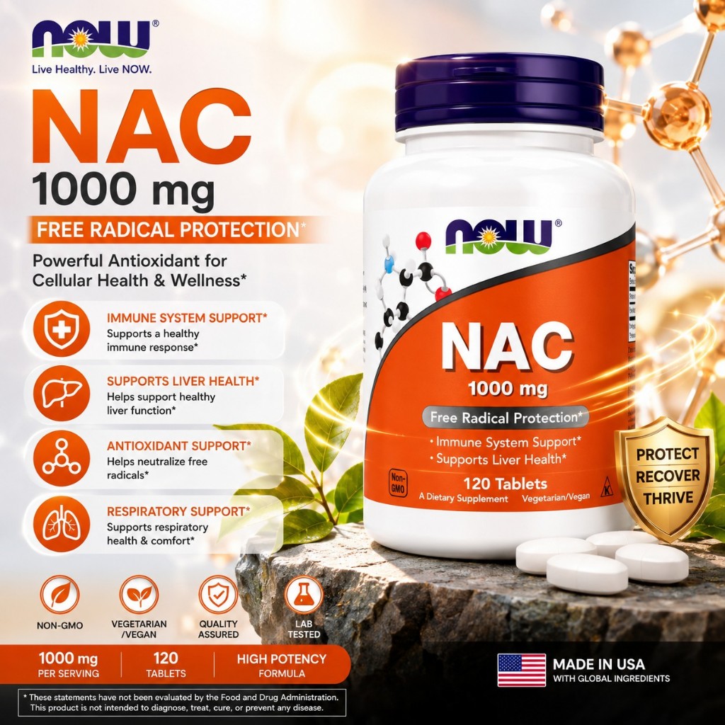 Viên Uống NAC 1000 mg 120 viên NOW Hỗ Trợ Giải Độc Gan, Tăng Sinh Glutathione, Tăng Cường Sức Khoẻ