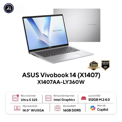 Laptop ASUS Vivobook 14 X1407AA-LY360W (Intel Core Ultra 5 325 | 16GB | 512GB | Intel Graphics | 14 inch WUXGA | Win 11