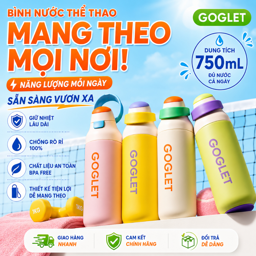 Bình Giữ Nhiệt GOGLET 750ml Inox 304 Cao Cấp - Bình Nước Thể Thao Có Ống Hút 2 Chế Độ Uống, Giữ Nóng Lạnh, Chống Rò Rỉ