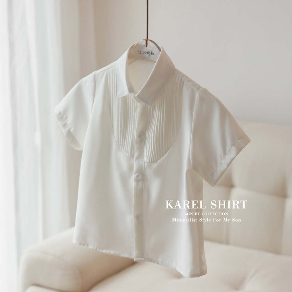 [MINIBE] Áo sơ mi Karel trắng ngắn tay thiết kế xếp ly ngực sang trọng cho bé trai