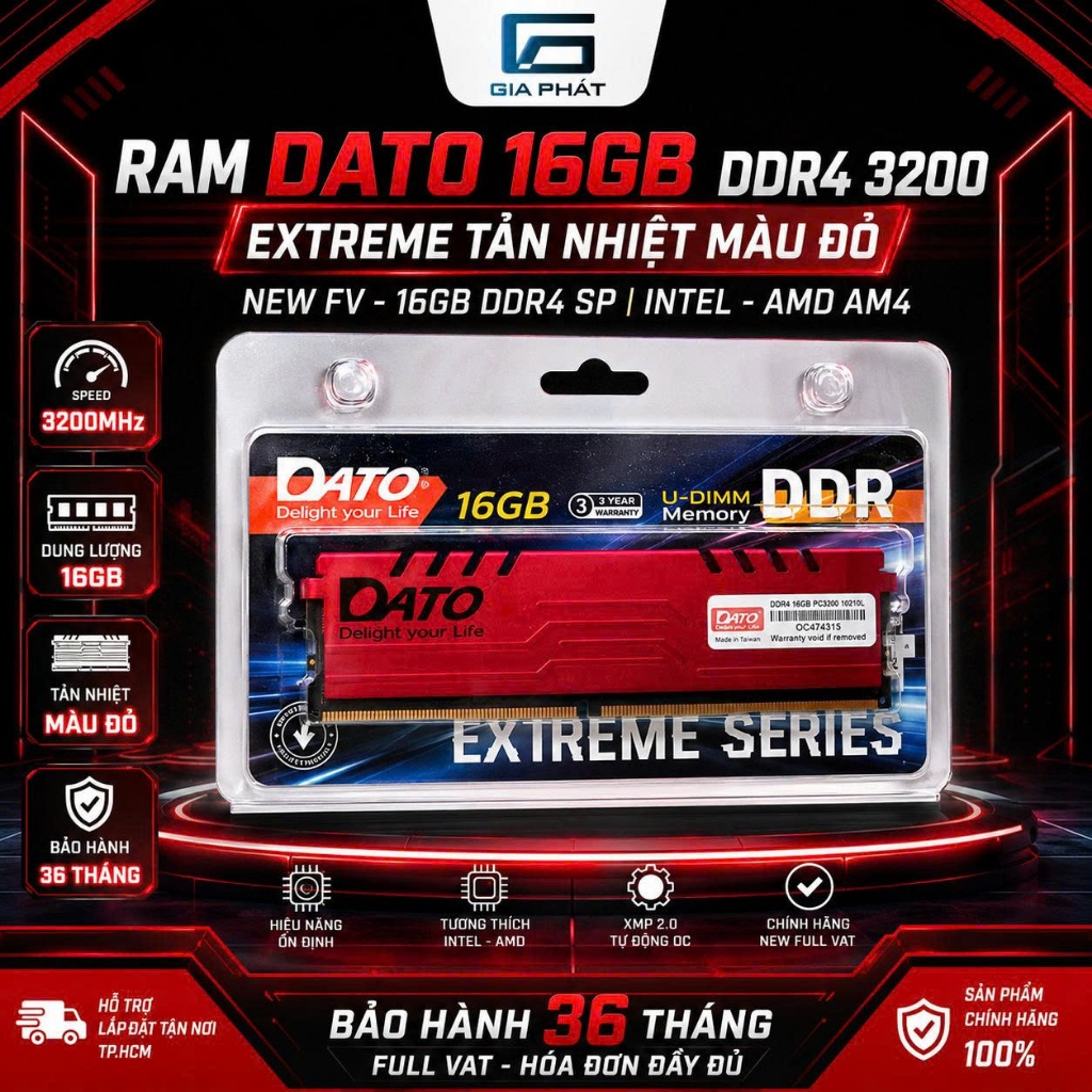 RAM 16G 3200 DATO Extreme Tản Nhiệt Màu Đỏ New FULL VAT - 16GB DDR4 SP INTEL AMD AM4 - Bảo Hành 36T