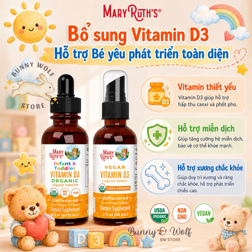 Vitamin D3 Hữu Cơ Mary Ruth's Infant & Toddler VITAMIN D3 ORGANIC Liquid Drops - Hàng Mỹ