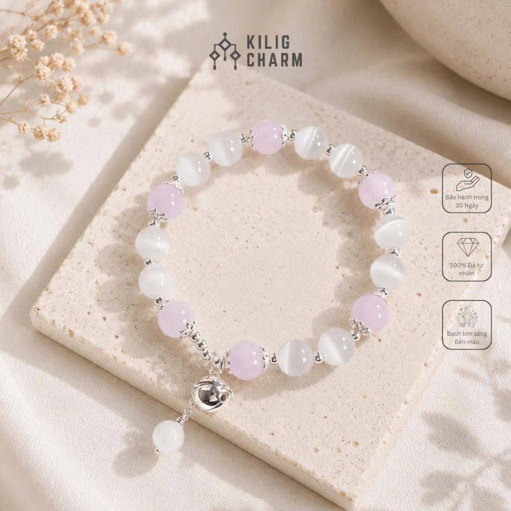 Vòng Tay Năng Lượng Đá Mắt Mèo Mix Thạch Anh Tím, Charm Chuông Bạc May Mắn KILIG CHARM - KC60