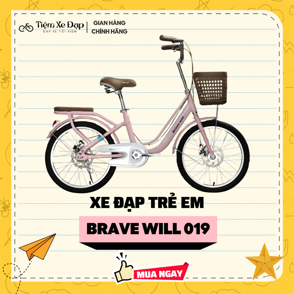 Xe Đạp Trẻ Em BRAVE WILL 019 Khung Thép Phanh Đĩa Full Size 20 22 24 26 Inch