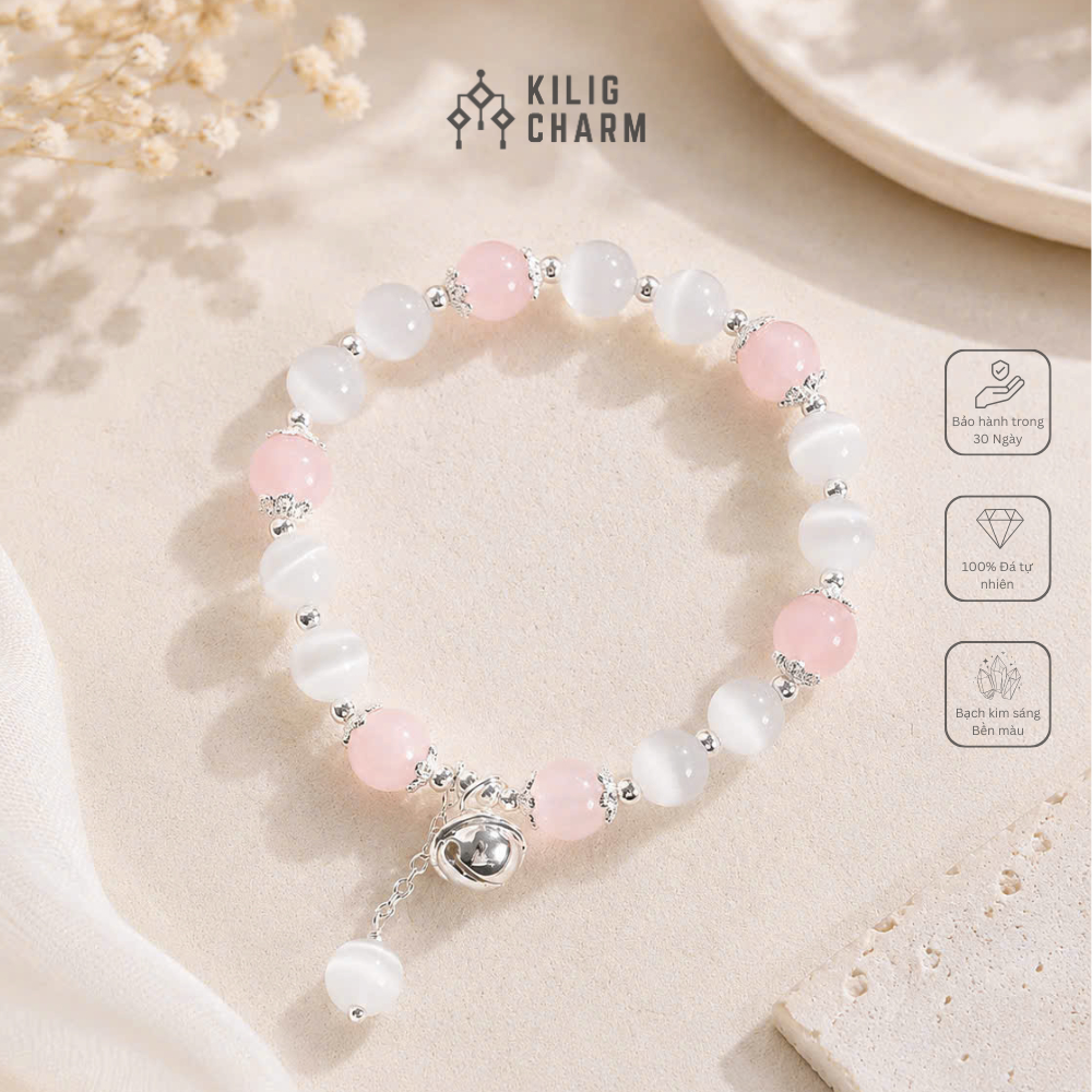 Vòng tay năng lượng Thạch Anh Dâu X Đá Mắt Mèo, lắc tay nữ charm chuông bạc may mắn KILIG CHARM KC60