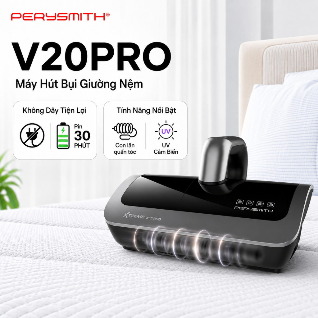 Máy Hút Bụi Giường Nệm PerySmith V20Pro, Không Dây, Gọn Nhẹ, Diệt Khuẩn, Hút Bụi Mịn, Có Đèn UV