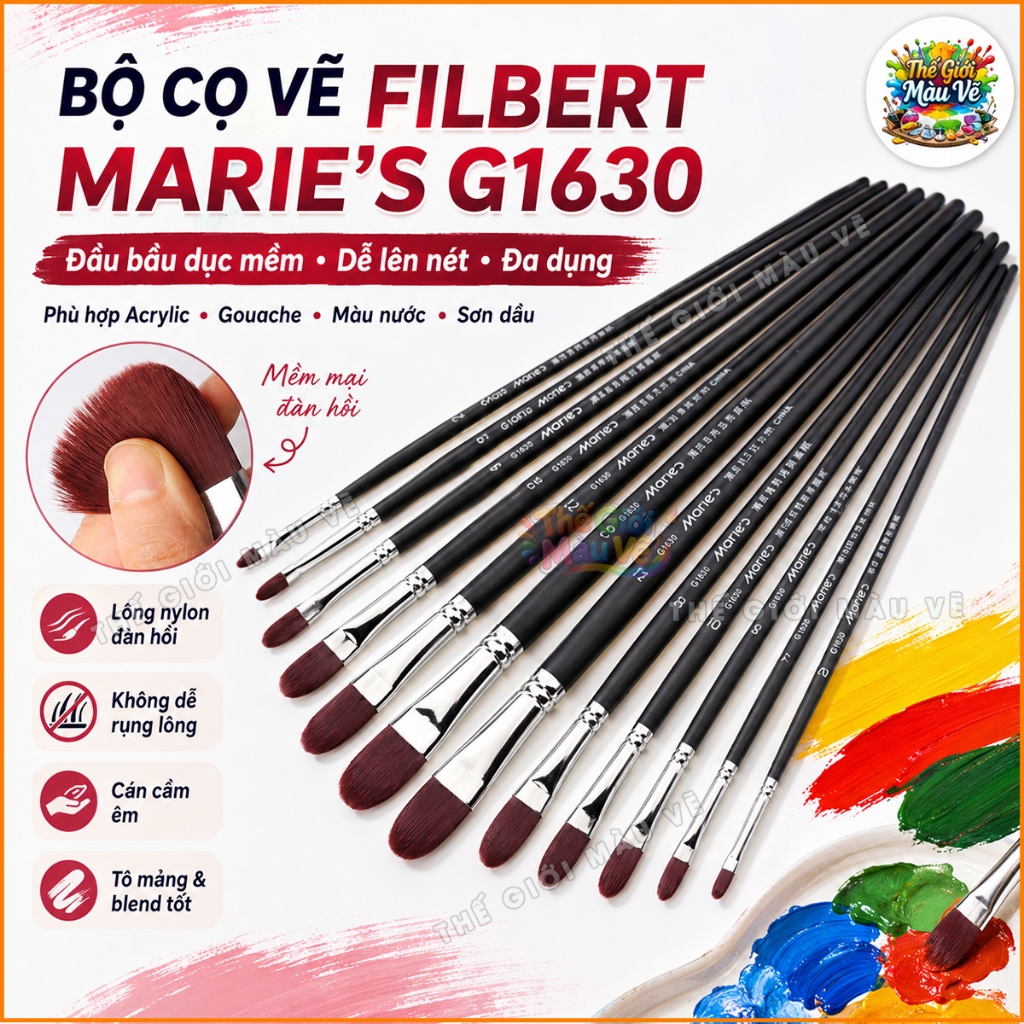 Cọ Filbert Marie’s G1630 Đầu Bầu Dục – Cọ Vẽ Mỹ Thuật Cao Cấp Lông Nylon Mịn, Vẽ Màu Nước, Acrylic, 